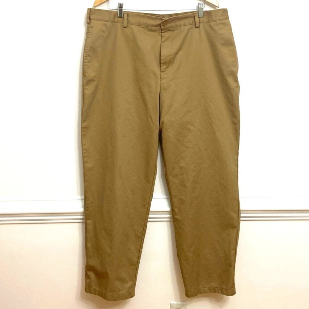 IZOD Pants American Chino Men's‎ 40x32 (Act 40x31) Flat Front Brown Khaki
